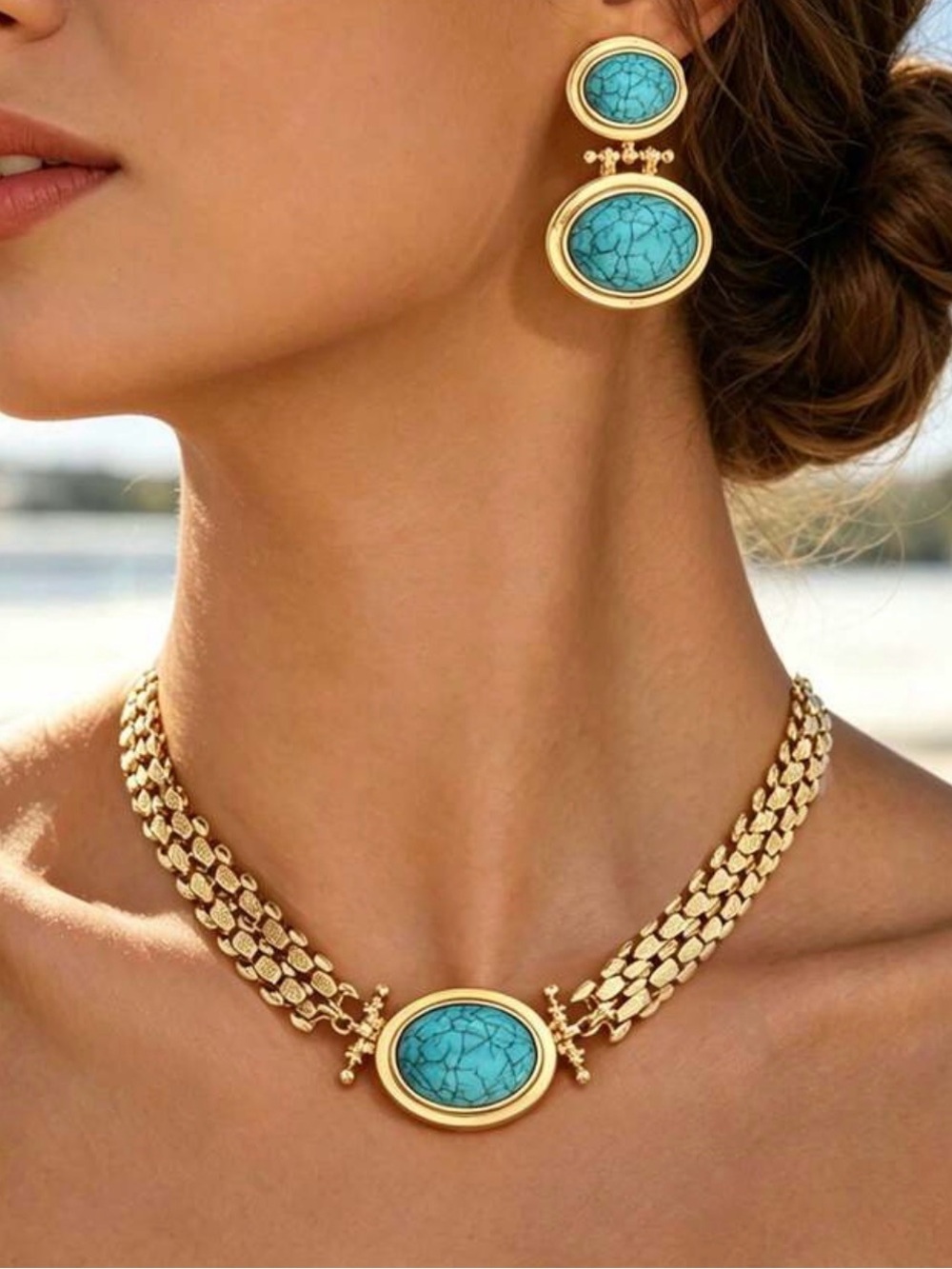 Vintage Style Natural Turquoise Statement Necklace & Drop Earrings Set Gold Tone